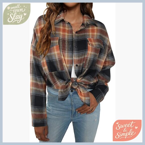 Tops - Oversized Flannel Shacket Button Down Shirt Long Sleeve Loose Fit Work Casual